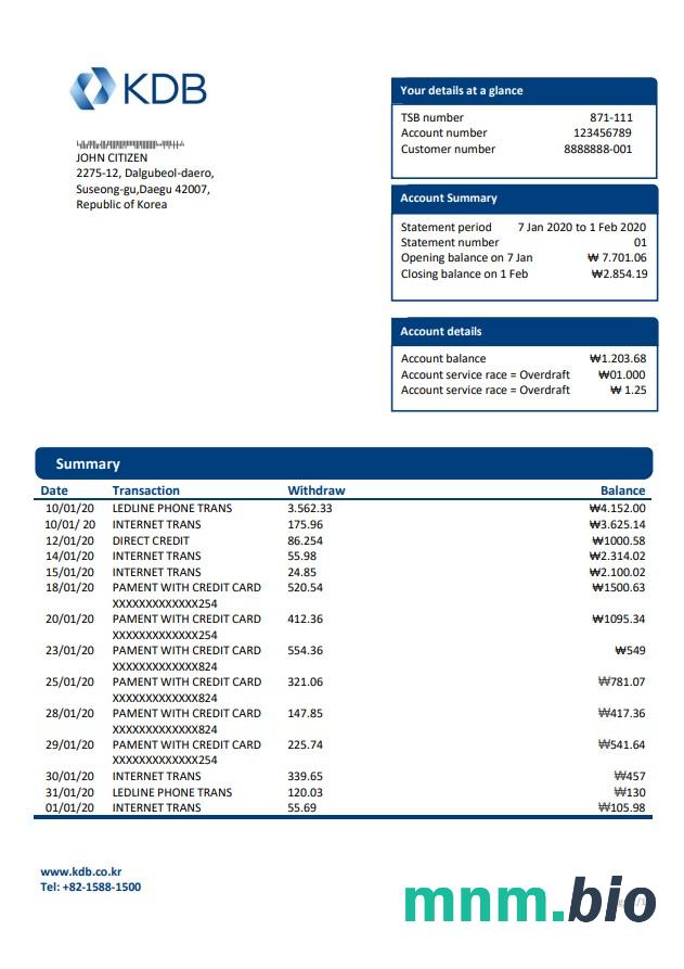 Korea Południowa Przemysłowy Bank Korei szablon wyciągu bankowego w formacie Word i PDF